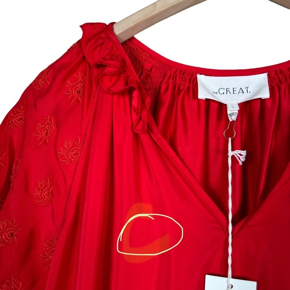 THE GREAT. The Wish Silk Embroidered Top in valentine red - Picture 6 of 11
